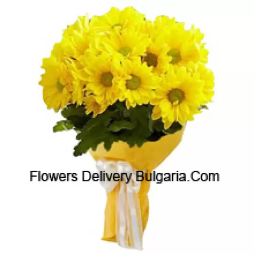 Un magnifique bouquet de 19 gerberas jaunes avec des garnitures saisonnières