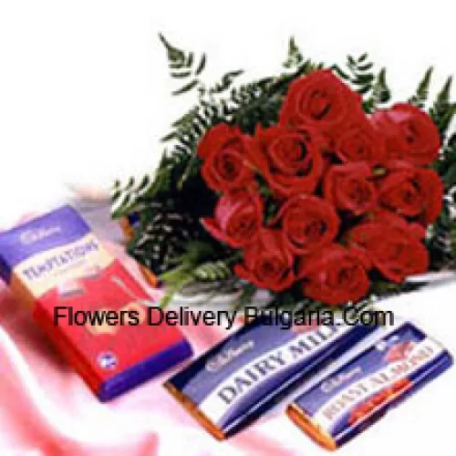 Bouquet de 11 roses rouges avec des chocolats assortis