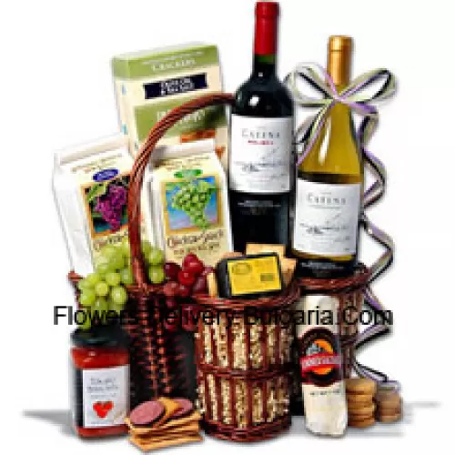 This Christmas Gift Basket Includes Catena Malbec Mendoza - 750 ml, Catena Chardonnay Mendoza - 750 ml, Hors Doeuvre Deli Style Crackers by Partners, Hickory & Maple Smoked Cheese by Sugarbush Farm, Butcher Wrapped Summer Sausage by Sparrer Sausage Co,  Tomato Bruschetta by Elki, White Wine Biscuit by American Vintage and Red Wine Biscuit by American Vintage. (Contents of basket including wine may vary by season and delivery location. In case of unavailability of a certain product we will substitute the same with a product of equal or higher value)