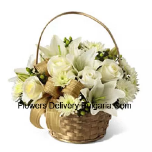 This arrangement has a snow like filled display of seasonal elegance. White roses, chrysanthemums and Asiatic lilies create winter magic seated in a gold basket and accented with green hypericum berries and a gold plaid ribbon, making this a wish for a season abundant in beauty and togetherness. (Please Note That We Reserve The Right To Substitute Any Product With A Suitable Product Of Equal Value In Case Of Non-Availability Of A Certain Product)