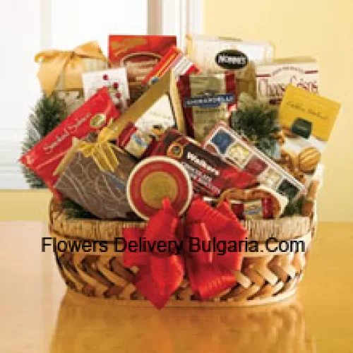 This special Gourmet Gift Basket comes packed with a sweet and savory selection of gourmet snacks that are all ready to eat and be enjoyed. She will be pleased with the great selection inside: pesto havarti cheese, smoked salmon, caviar, English tea cookies, shortbread cookies, Ghirardelli chocolates, biscotti, toffee almonds, Ghirardelli squares, Jelly Belly jelly beans, chocolate cheese sticks, chocolate caramel cookies and peppermint popcorn. (Please Note That We Reserve The Right To Substitute Any Product With A Suitable Product Of Equal Value In Case Of Non-Availability Of A Certain Product)