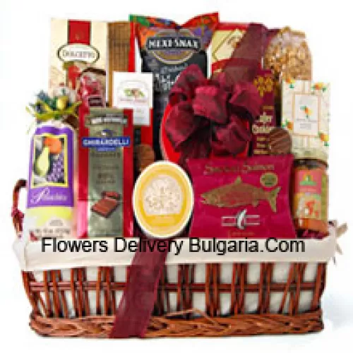This special Mother's Day gift basket is all decked out and ready for the party. We've included plenty of ready to eat gourmet food for them to enjoy, like Ghirardelli Chocolate Raspberry Squares, Pistachios, White Corn Chips and Salsa, Chocolate Wafer Cookies, Dolcetto Wafer Rolls, Amaretto Almond Cookies, Chocolate Covered Cherries, Smoked Salmon, Brie Cheese, Cracked Pepper Crackers, Cheese Straws, Chocolate Covered Sandwich Cookies, and Mocha Almonds. (Please Note That We Reserve The Right To Substitute Any Product With A Suitable Product Of Equal Value In Case Of Non-Availability Of A Certain Product)