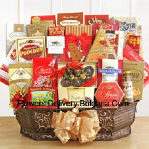 When you absolutely must make a memorable impression, this extravaganza gift basket is just the thing. It's one of the largest designs we've ever created, and it's packed with so many different gourmet goodies it's almost impossible to list them all. There's plenty inside to sample, share, and share some more. We pack it all inside a gorgeous metal container that they can reuse once they manage to complete all that eating. Your lucky recipient will find Jacquot truffles, Harry & David's Moose Munch, Berry bon bons, Sonoma biscotti, chocolate chip cookies, Bellagio hot cocoa, cookies, Ghirardelli chocolate squares, Cashew Roca, bruschetta toast, Brie cheese, olives, merlot cheddar cheese, smoked salmon, sesame crackers, classic water crackers, and a box of Le Grand truffles. (Please Note That We Reserve The Right To Substitute Any Product With A Suitable Product Of Equal Value In Case Of Non-Availability Of A Certain Product)